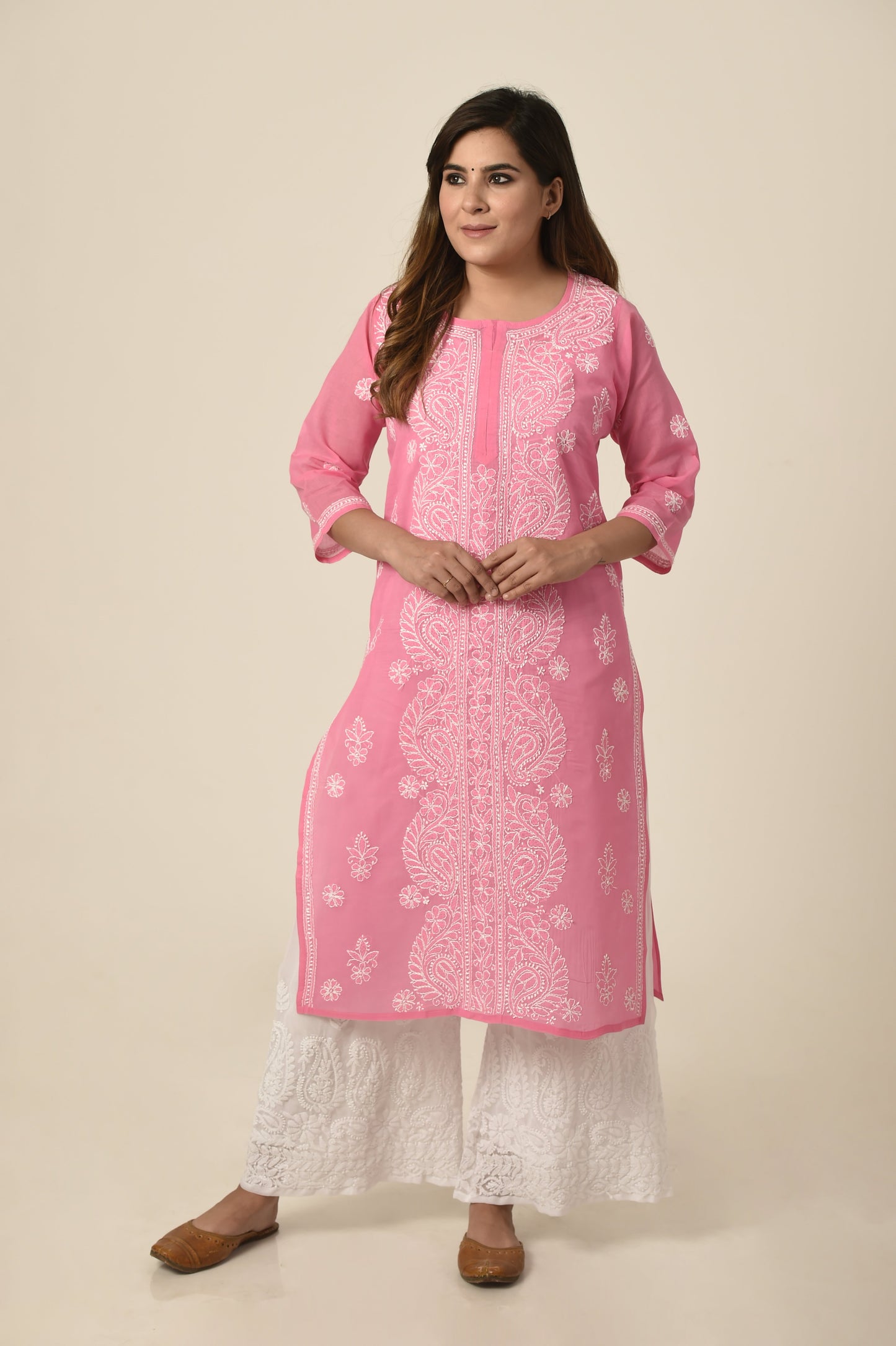 Lucknow Chikan Emporium Hand embroided Semi georgette Chikankari Kurti -dark pink colour