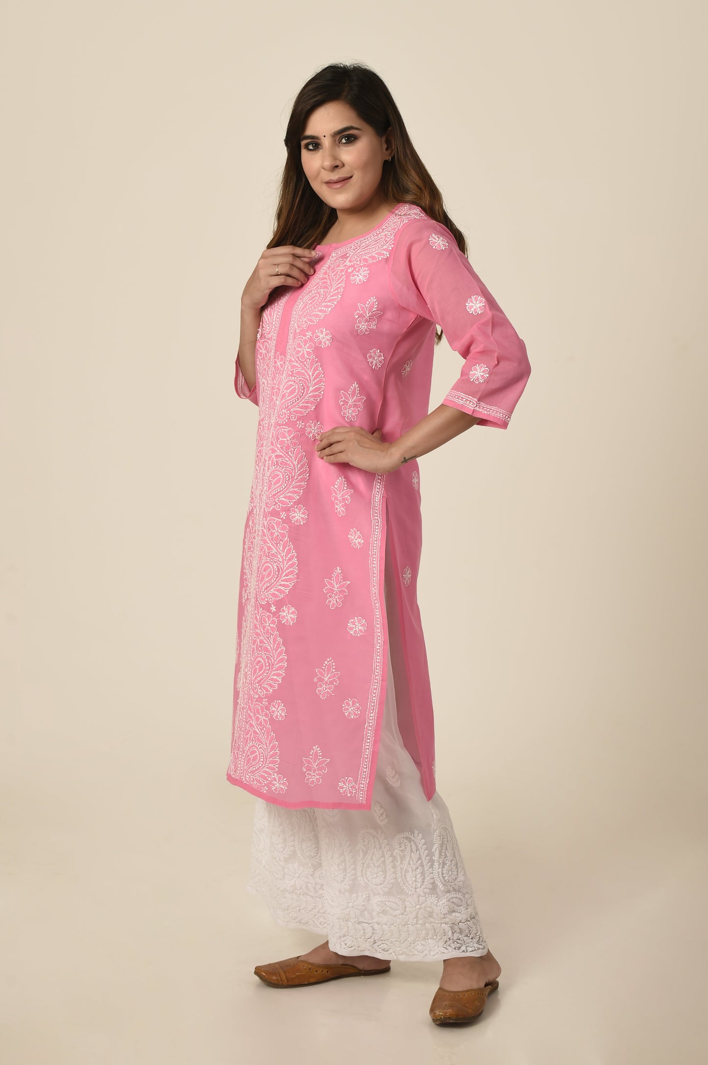 Lucknow Chikan Emporium Hand embroided Semi georgette Chikankari Kurti -dark pink colour