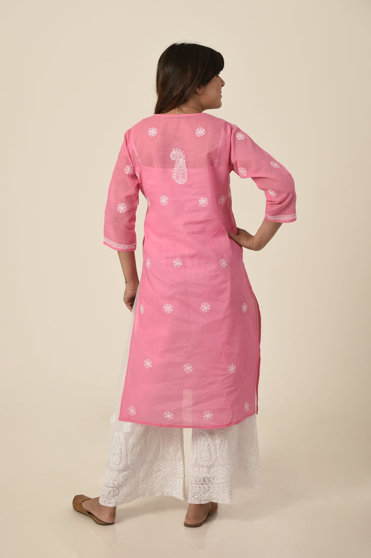 Lucknow Chikan Emporium Hand embroided Semi georgette Chikankari Kurti -dark pink colour