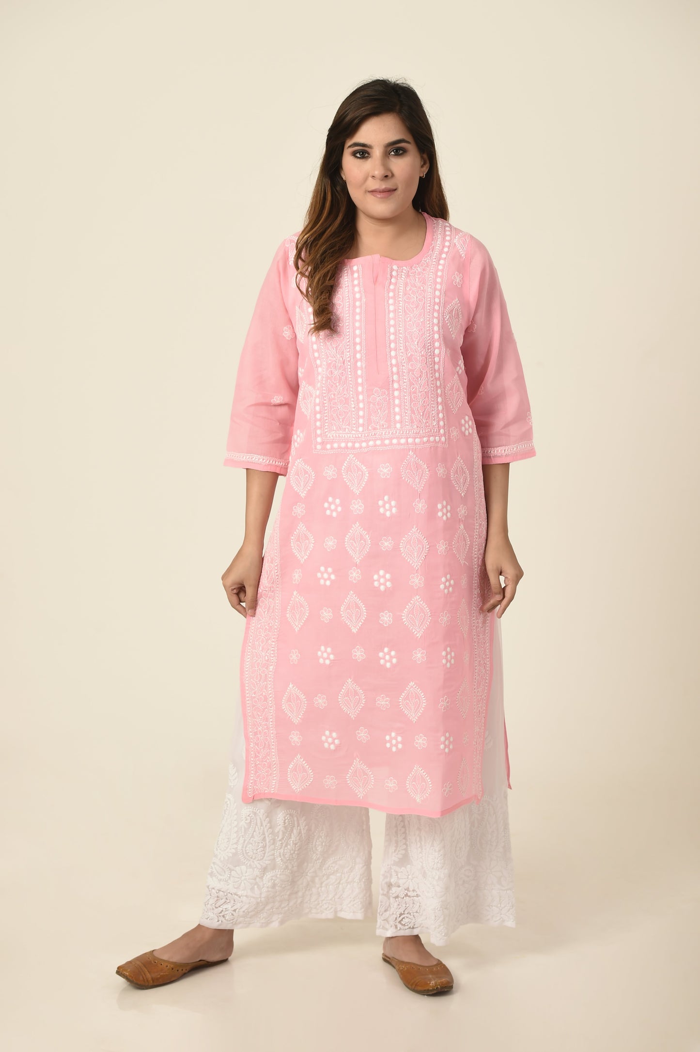 Light pink colour Hand embroided cotton Chikankari Kurti Lucknow Chikan Emporium.
