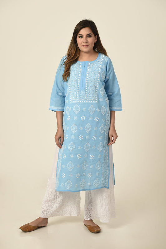 Sky blue colour Hand embroided cotton Chikankari Kurti Lucknow Chikan Emporium.