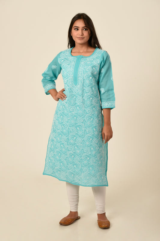 Sea Green Colour Hand Embroided Cotton Chikankari Kurti Lucknow Chikan Emporium.