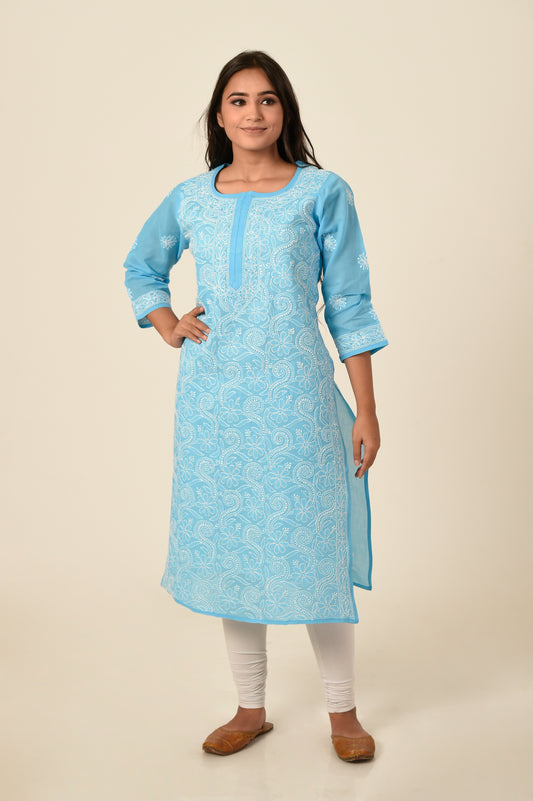 Blue Colour Hand Embroided Cotton Chikankari Kurti Lucknow Chikan Emporium.