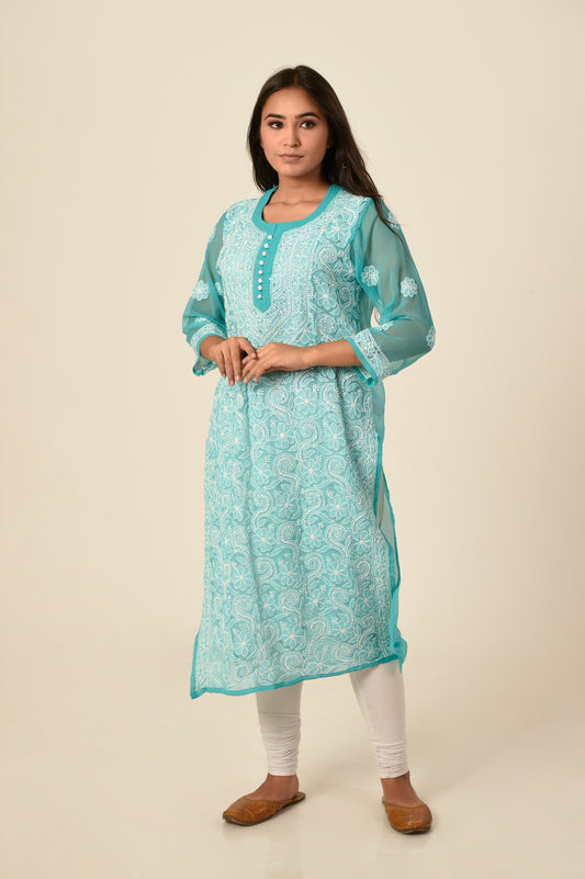 Blue Hand Embroided Semi Georgette Chikankari Kurti Lucknow Chikan Emporium.