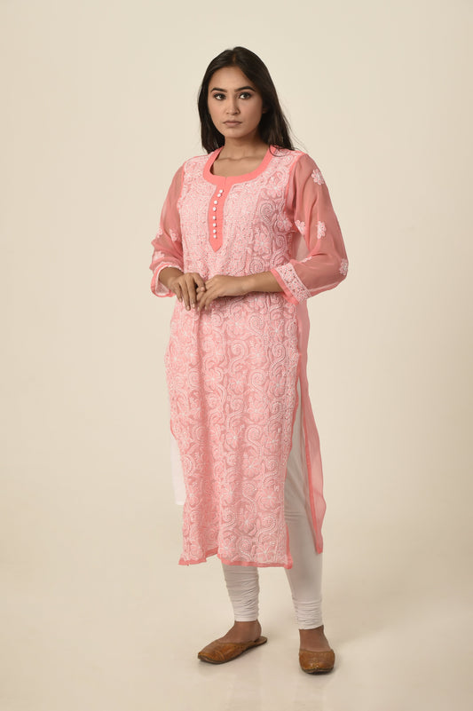 Peach colour Hand embroided Semi georgette Chikankari Kurti Lucknow Chikan Emporium.