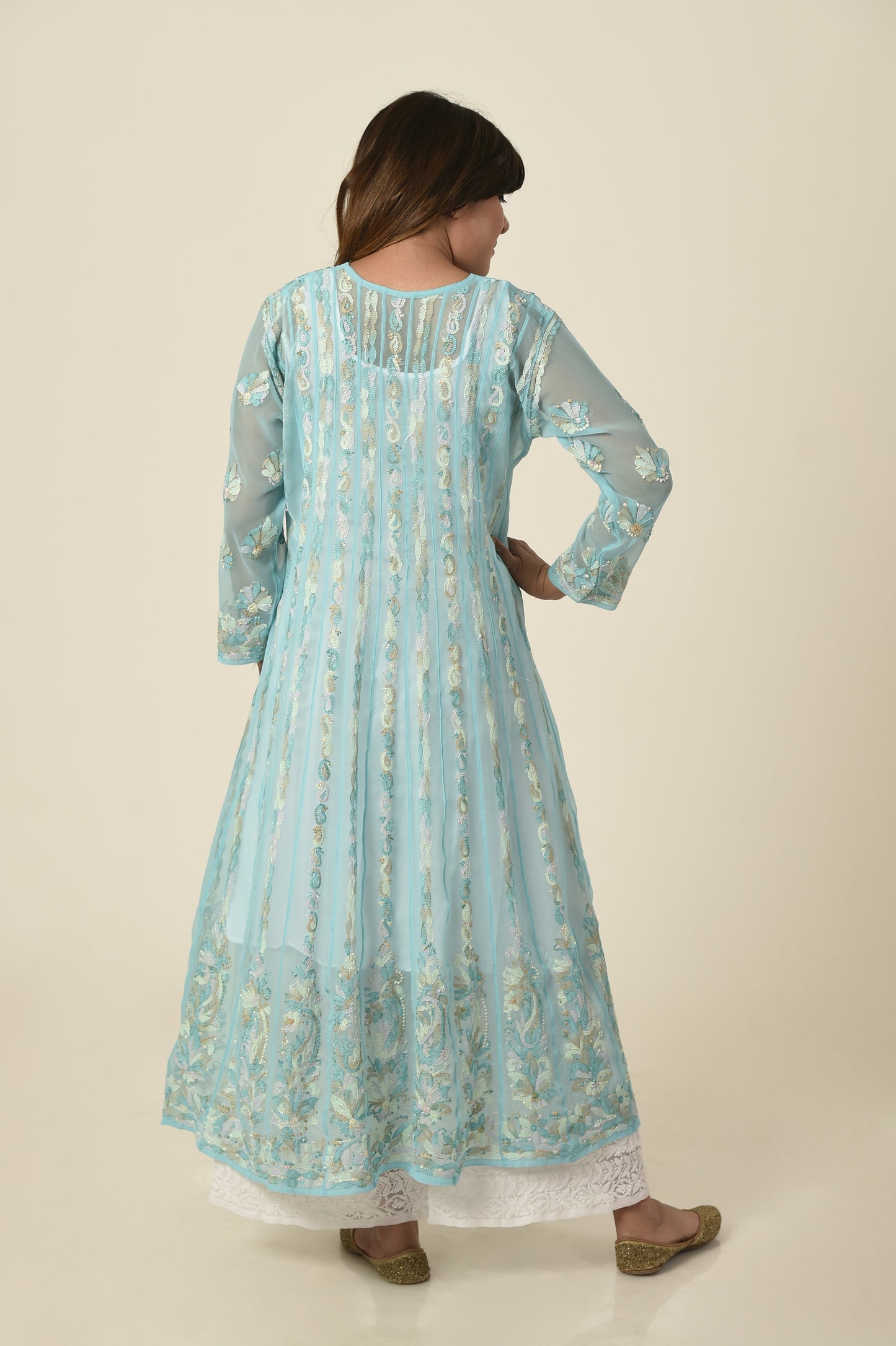 Skin freindly semi georgette Lucknow Chikan Emporium Hand Chikankari nice Anarkali Kurti