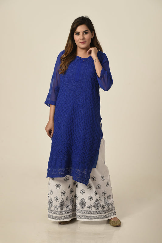 Royal blue colour Hand embroided semi georgette Chikankari Kurti Lucknow Chikan Emporium.