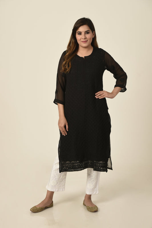 Royal black colour Hand embroided semi georgette Chikankari Kurti Lucknow Chikan Emporium.