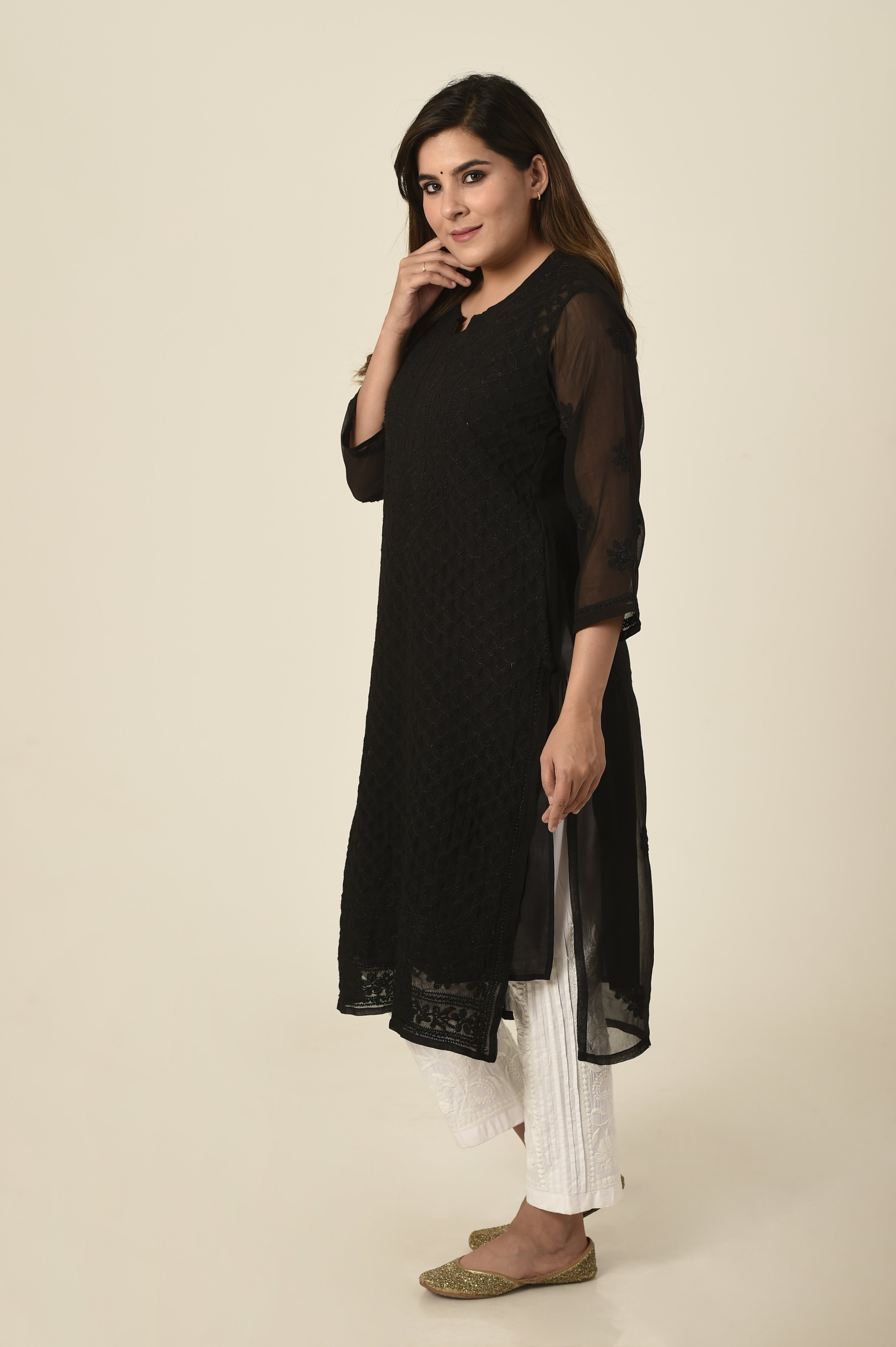 Buy Soch Black Georgette Kurta with Self Embroidery and Sequins online