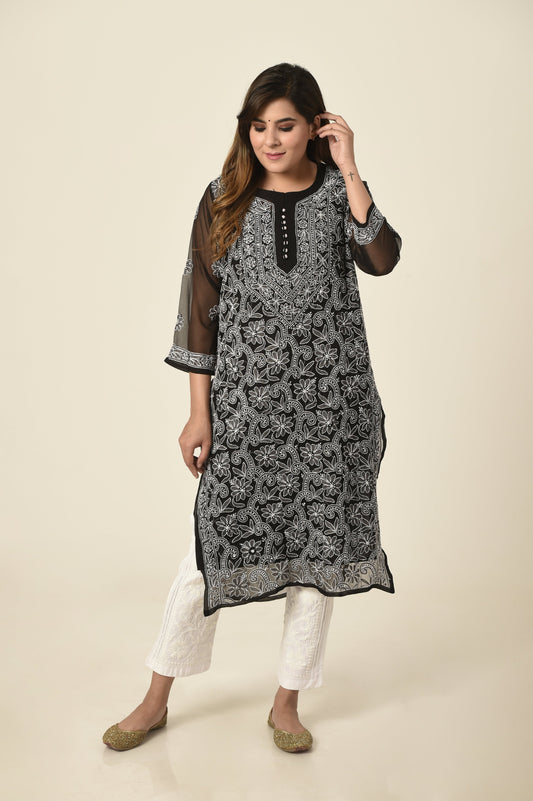 Black Hand embroided Semi georgette Chikankari Kurti Lucknow Chikan Emporium.