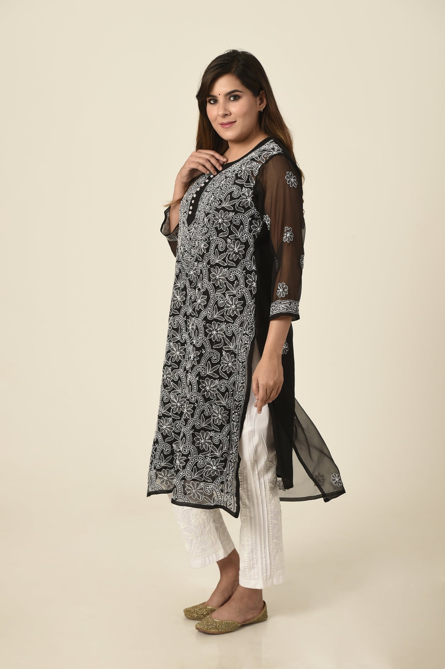 Black Hand embroided Semi georgette Chikankari Kurti Lucknow Chikan Emporium.