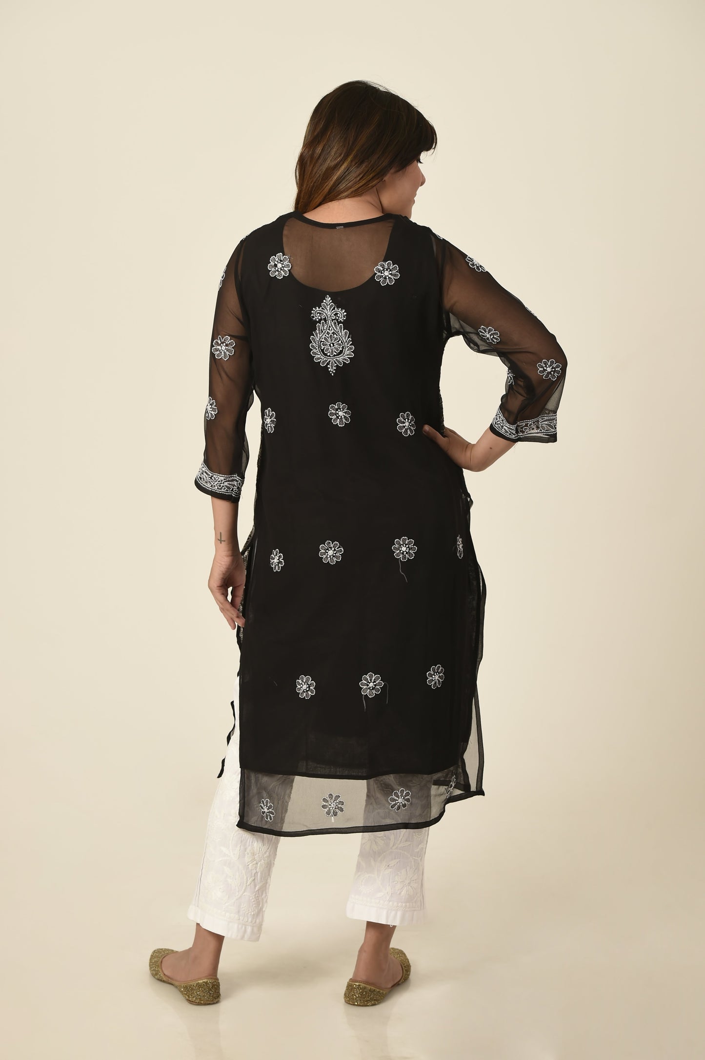 Black Hand embroided Semi georgette Chikankari Kurti Lucknow Chikan Emporium.