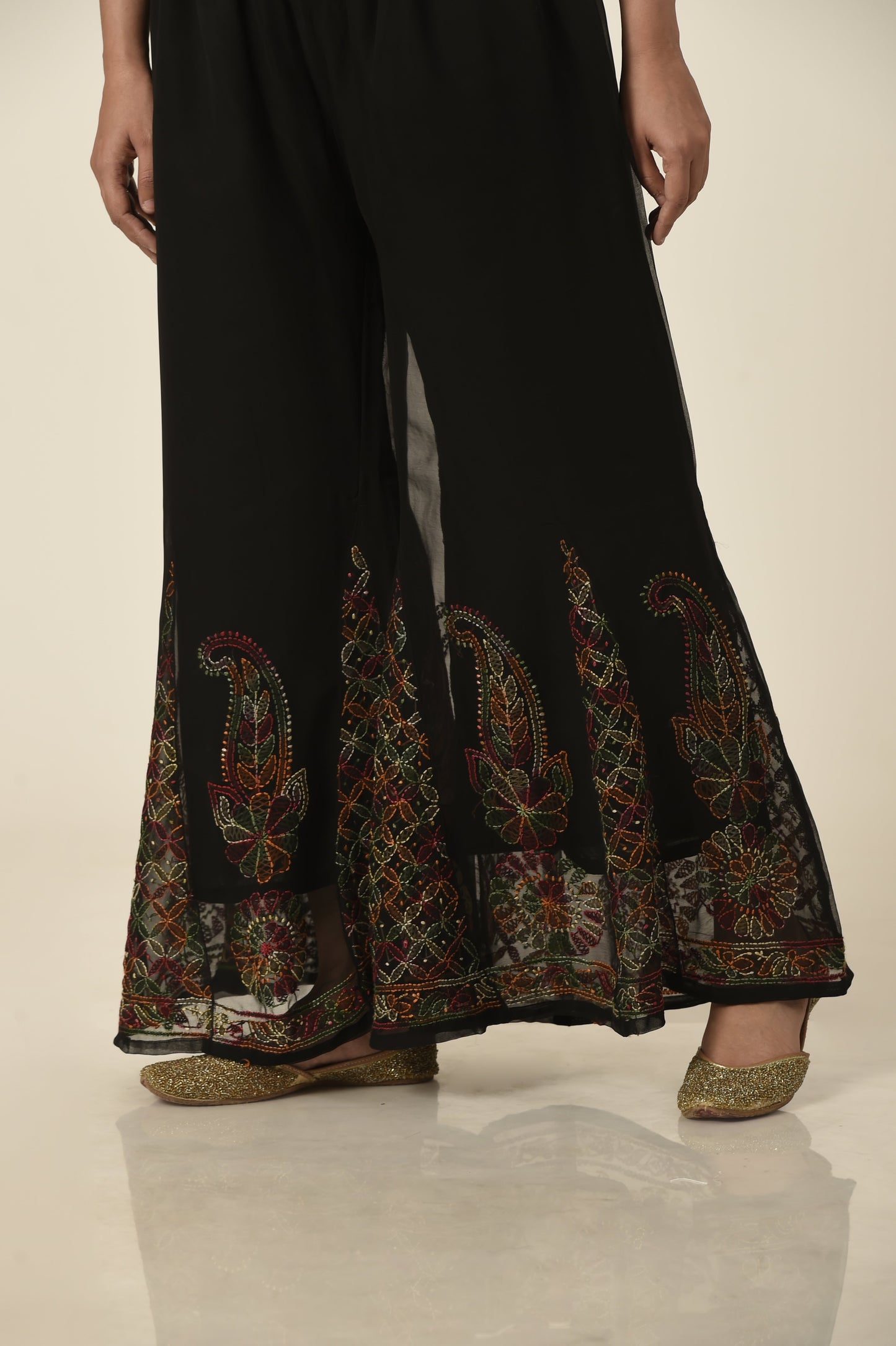 Lucknow Chikan Emporium Hand Chikankari soft skin friendly semi georgette black palazzo