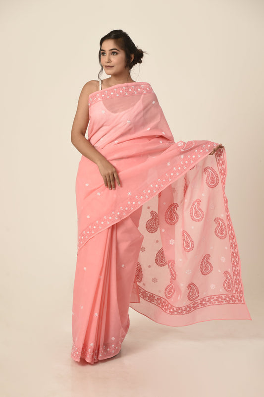 Lucknow Chikan Emporium Cotton Saree Peach Colour with same colour blouse piece included.