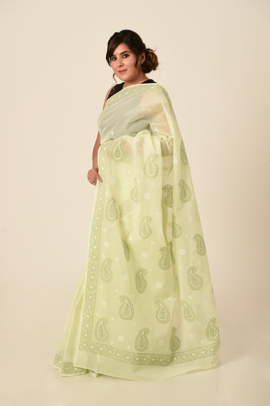 Lucknow Chikan Emporium Cotton Saree Light Green Colour with same colour blouse piece included.