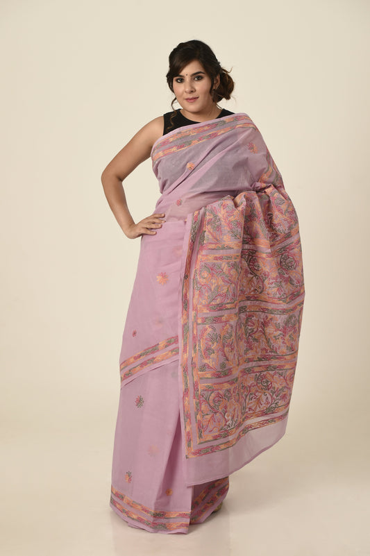 Lucknow Chikan Emporium cotton saree mauve colour with same colour blouse