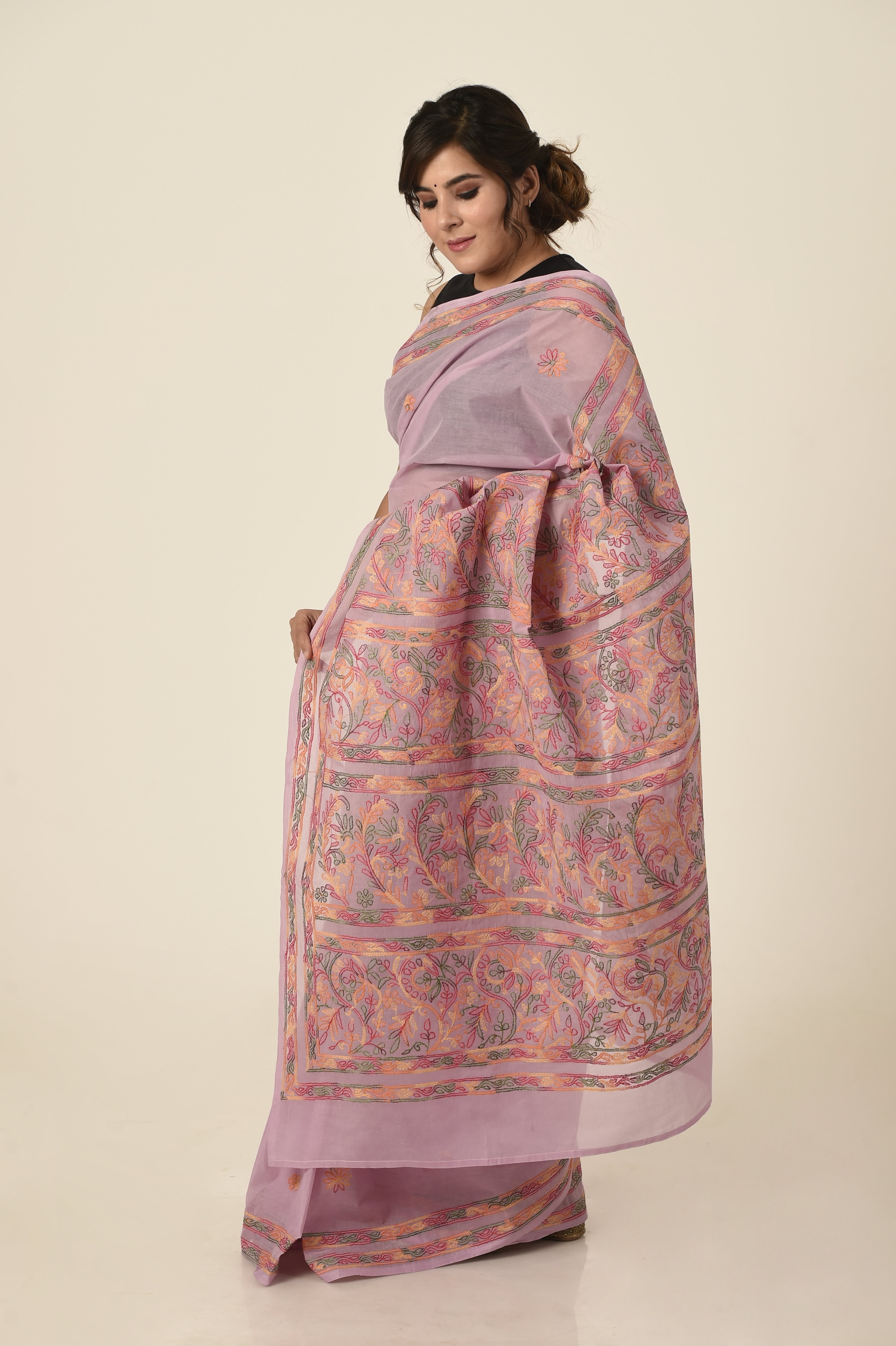 Lucknow Chikan Emporium cotton saree mauve colour with same colour blouse