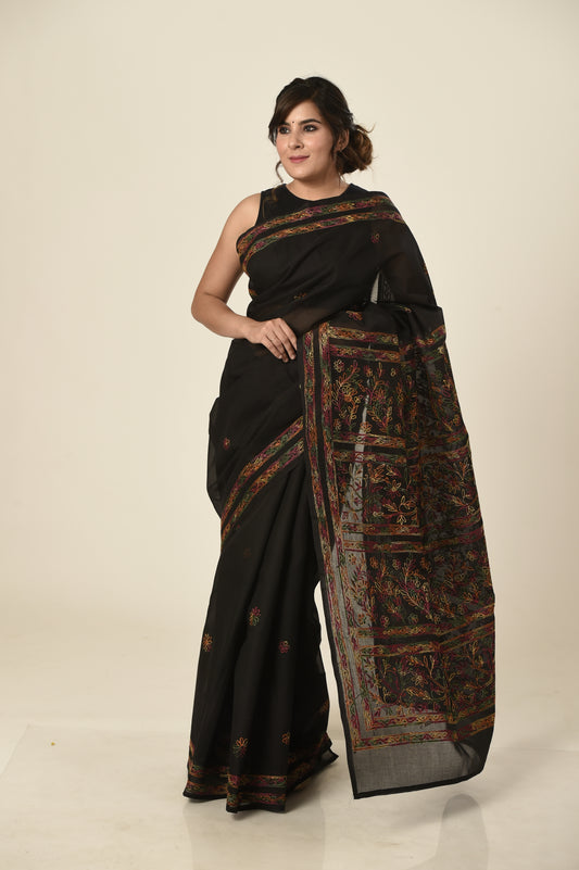 Cotton Black Colour  Lucknow Chikan Emporium  Saree With same Colour Blouse.