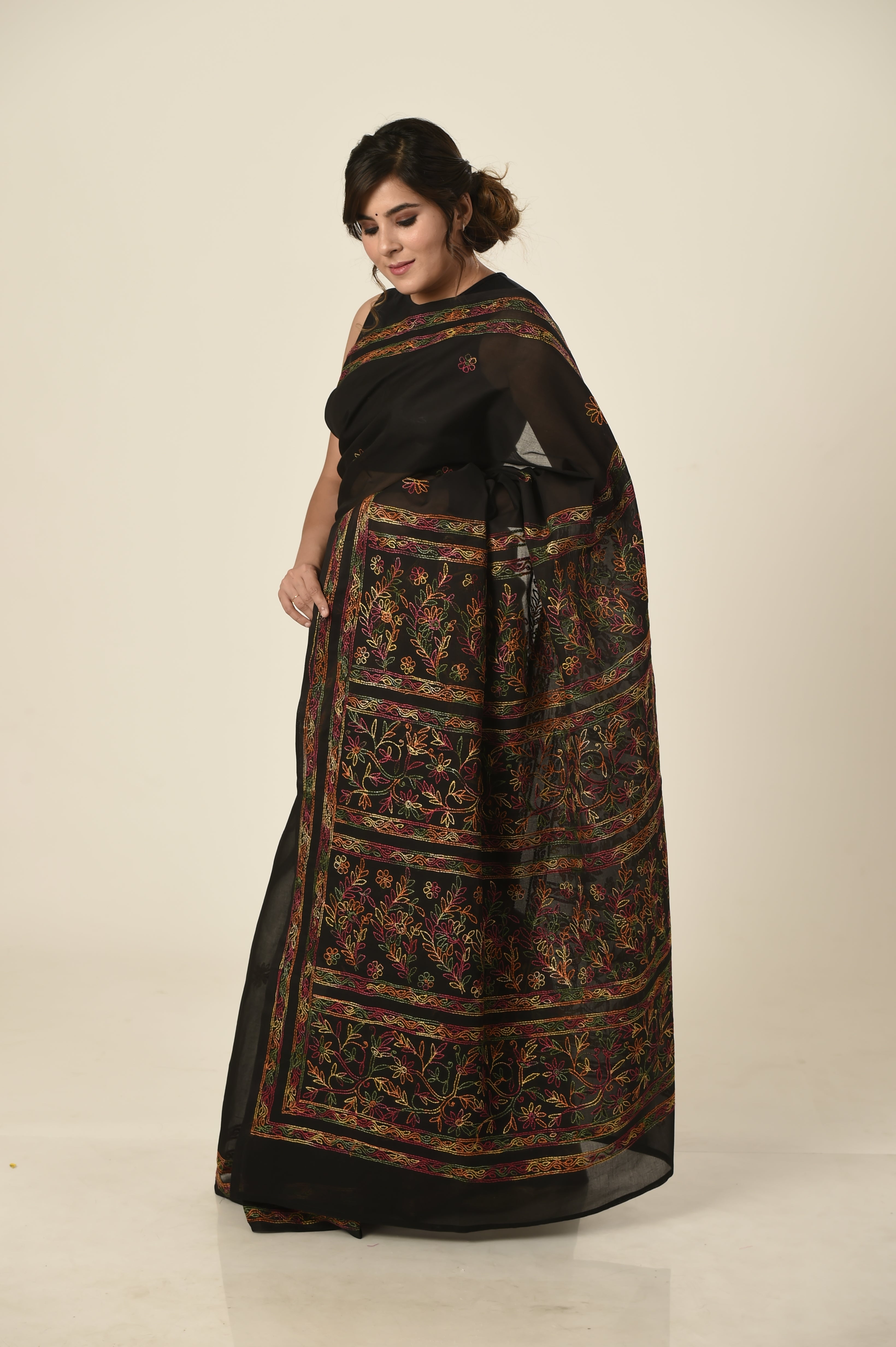 Cotton Black Colour  Lucknow Chikan Emporium  Saree With same Colour Blouse.