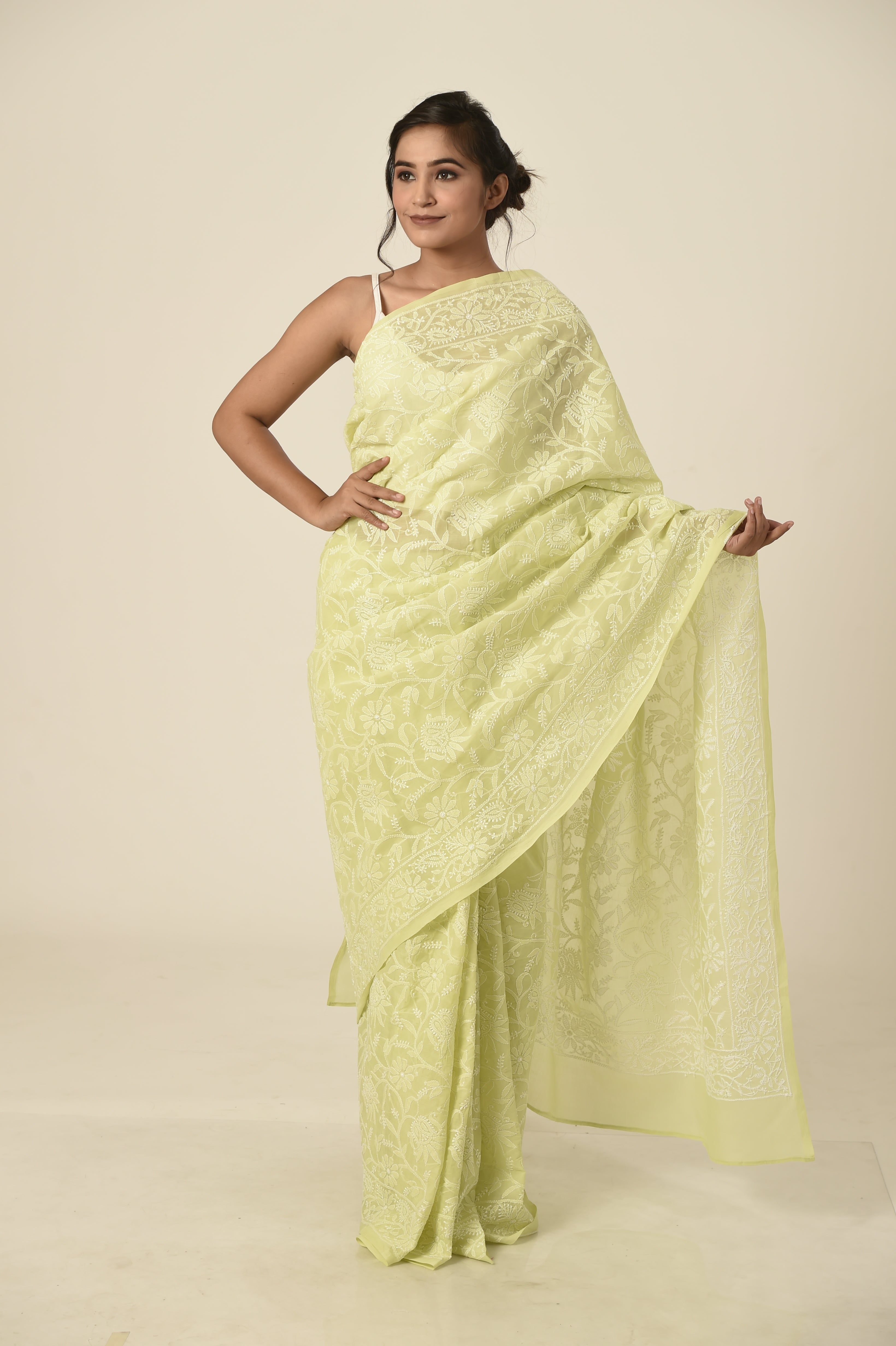 Light Green Cotton Full Jaal Saree Lucknow Chikan Emporium with same colour blouse piece included.
