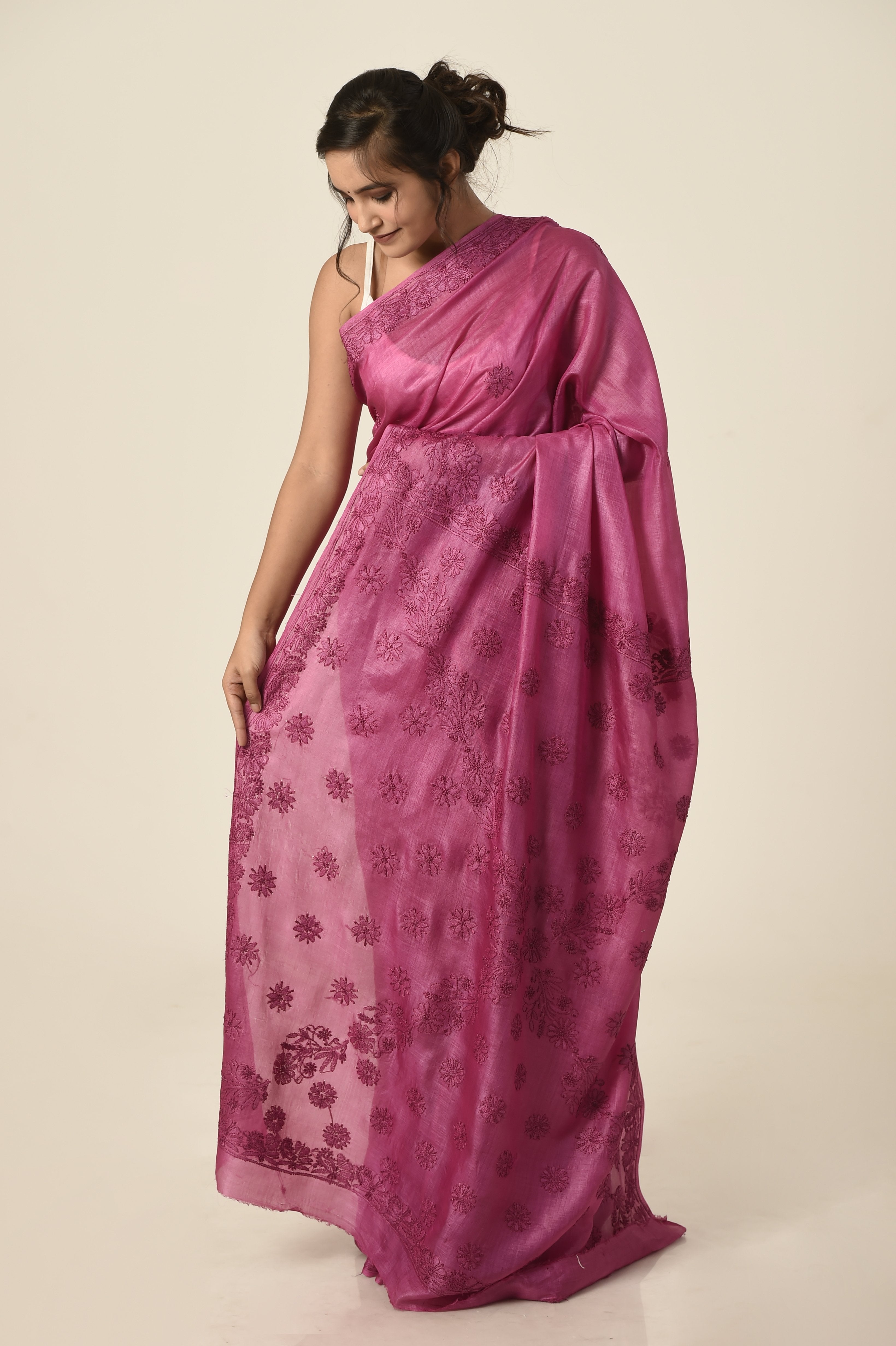 Lucknow Chikan Emporium tussar silk saree magenta colour with same colour blouse