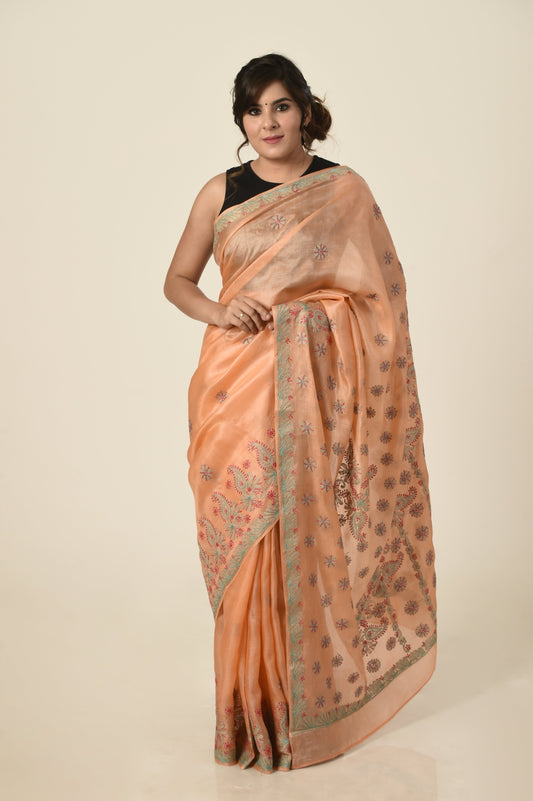 Lucknow Chikan Emporium tussar silk saree light peach colour with same colour blouse piece included.