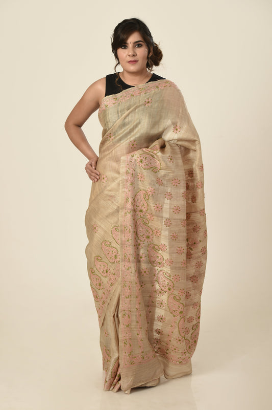 Lucknow Chikan Emporium khadi silk saree beige colour with same colour blouse piece included.