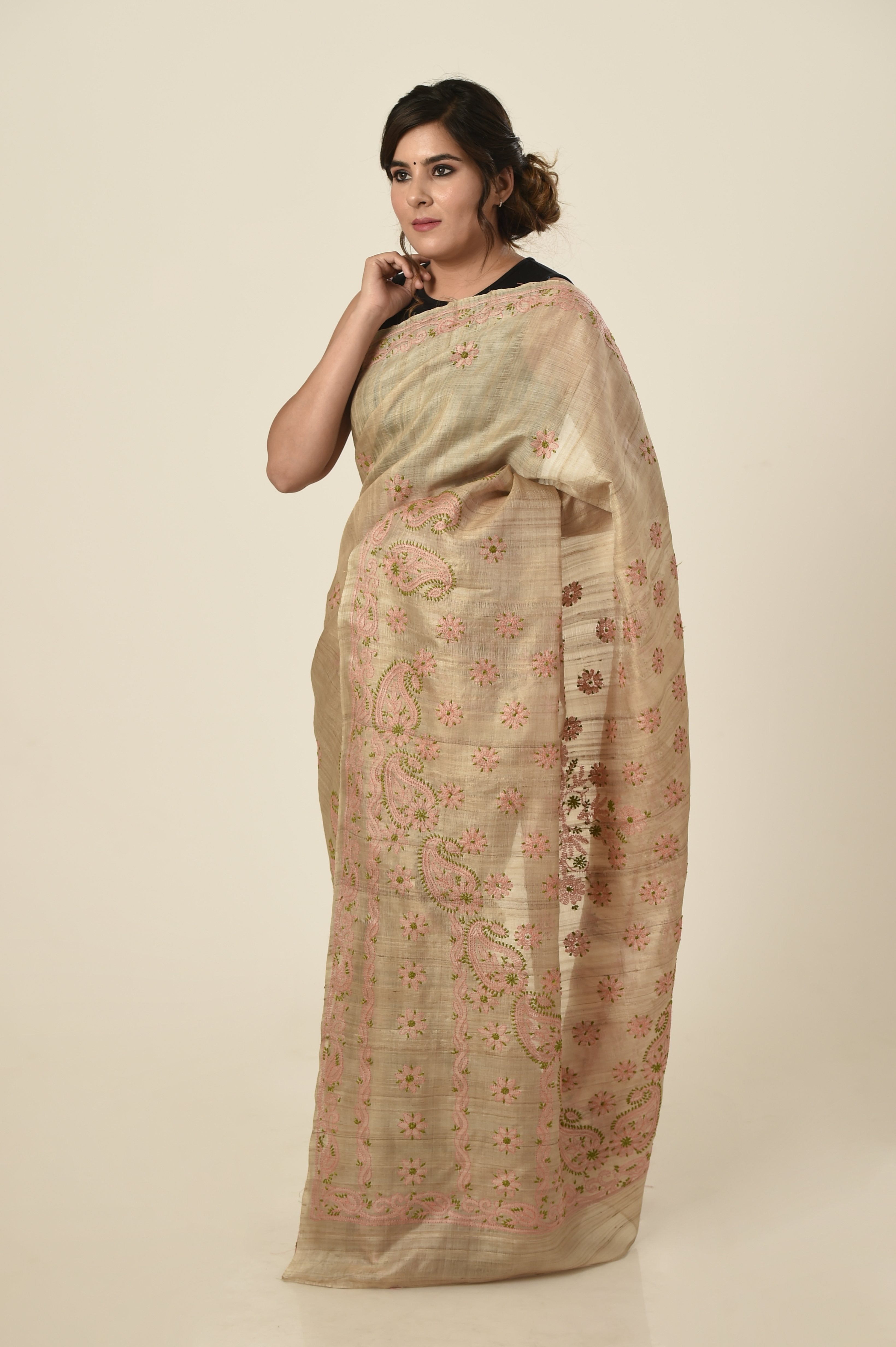 Lucknow Chikan Emporium khadi silk saree beige colour with same colour blouse piece included.