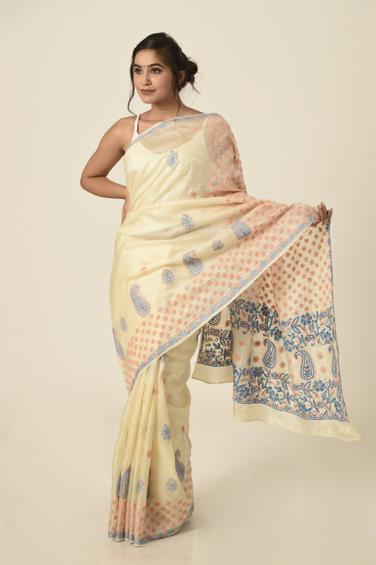 Lucknow Chikan Emporium tussar silk saree beige colour with same colour blouse piece included.