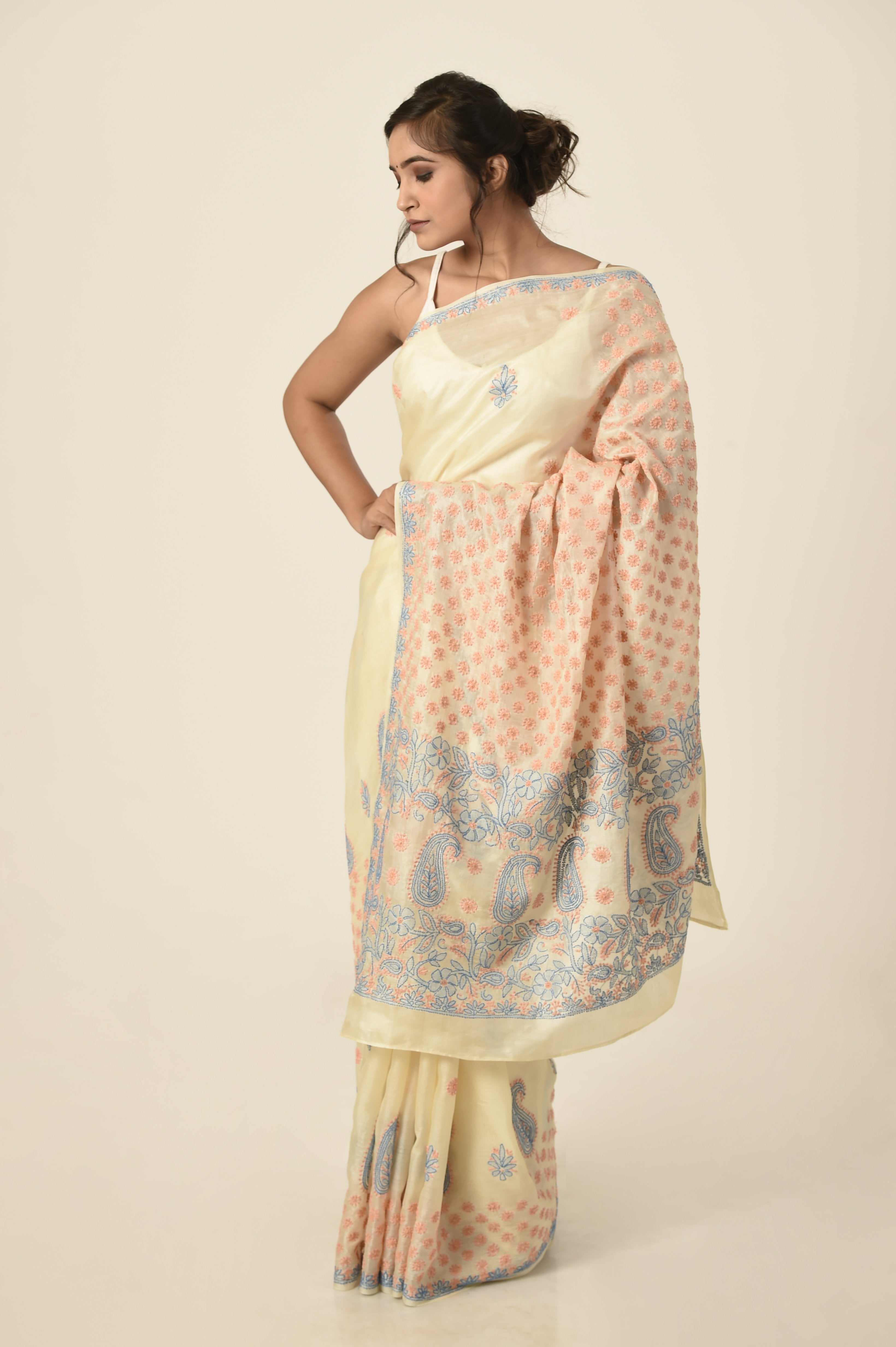 Lucknow Chikan Emporium tussar silk saree beige colour with same colour blouse piece included.
