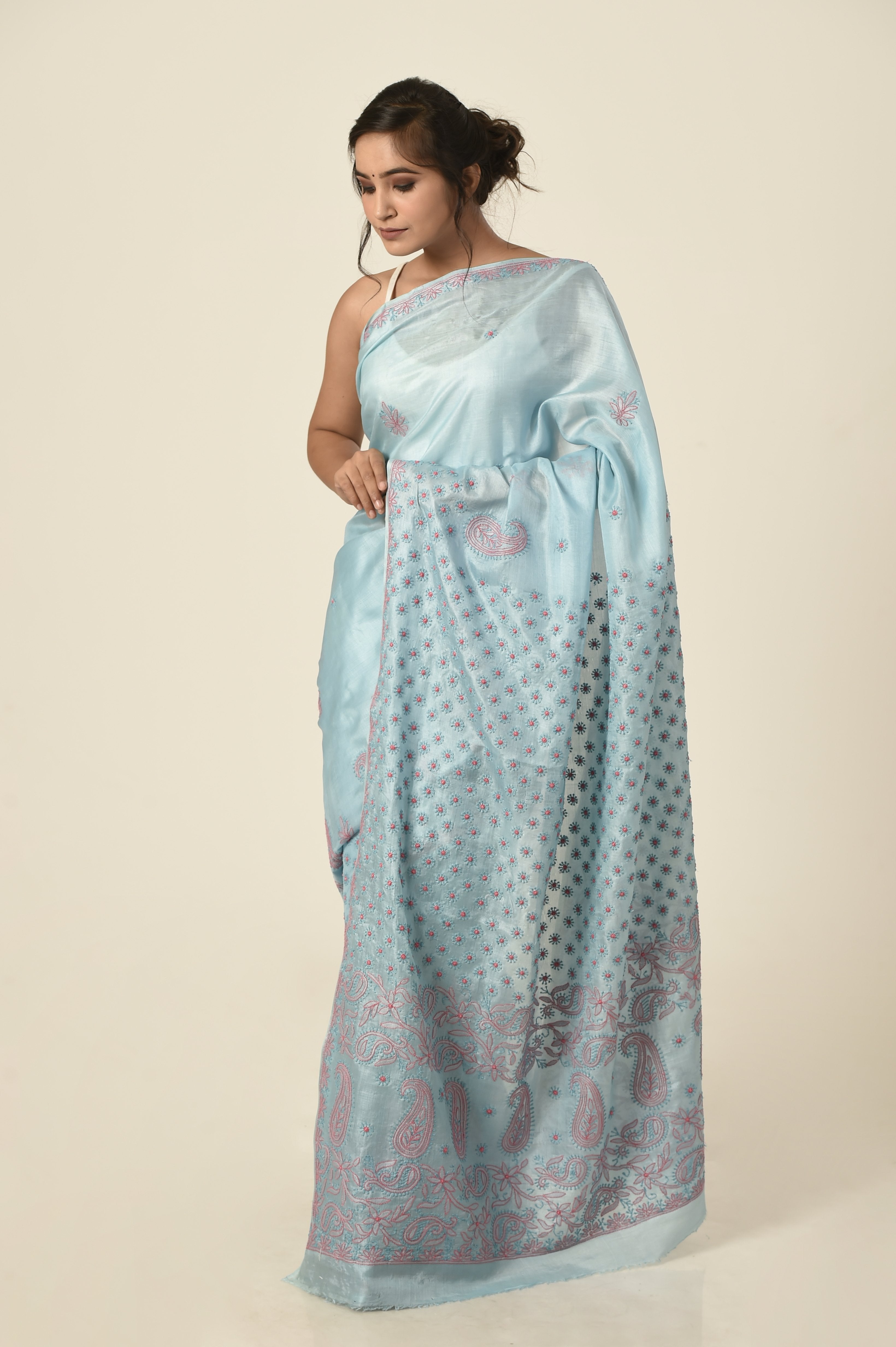 Lucknow Chikan Emporium tussar silk saree sky blue colour with same colour blouse piece included.
