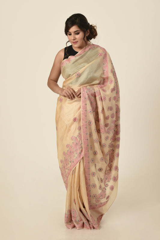 Lucknow Chikan Emporium tussar silk saree beige colour with same colour blouse piece included.