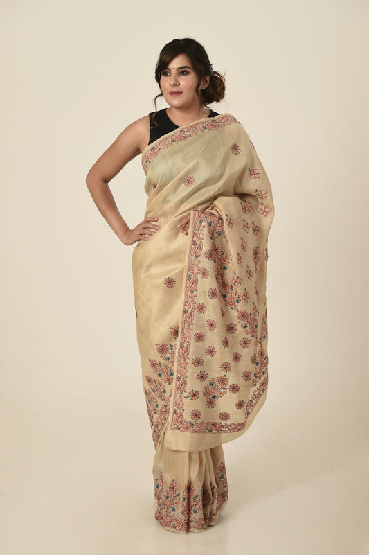 Lucknow Chikan Emporium khadi silk saree beige colour with same colour blouse piece included.