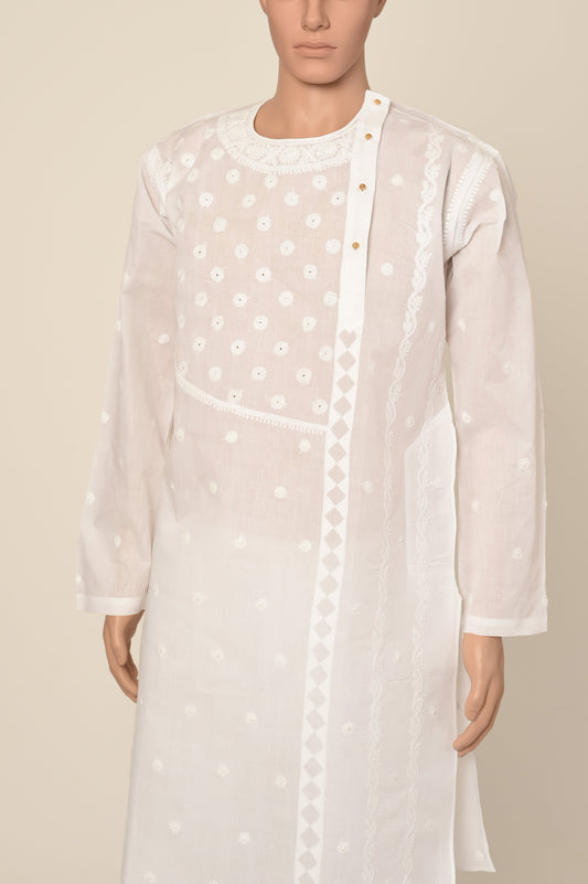 Lucknow Chikan Emporium Hand Chikankari cotton white colour angarkha style gents kurta