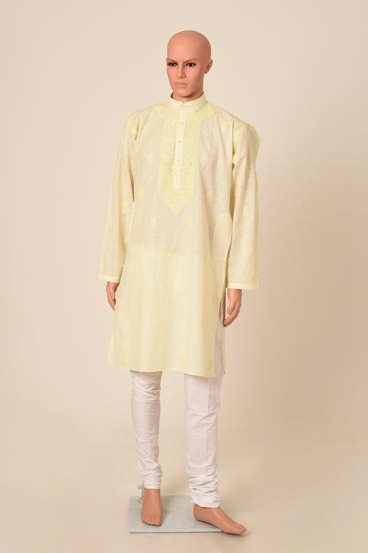 Lucknow Chikan Emporium Hand Chikankari Cotton Yellow Colour Gents Kurta.