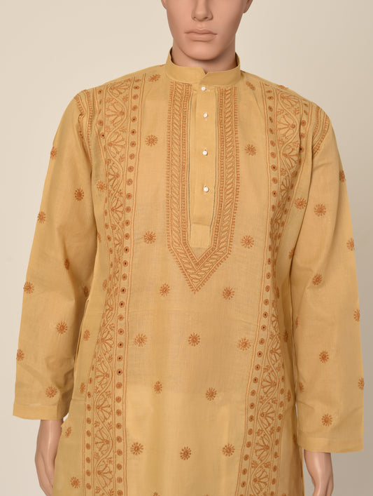 Lucknow Chikan Emporium Hand Chikankari cotton mustard colour gents kurta