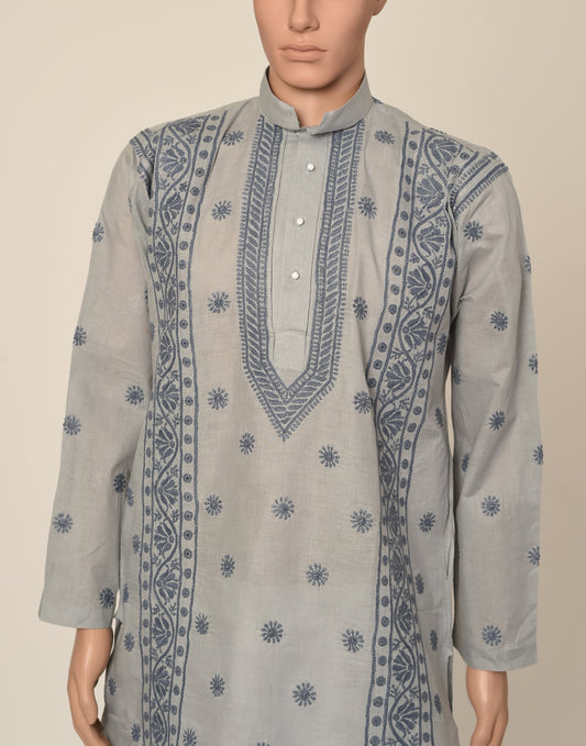 Lucknow Chikan Emporium Hand Chikankari cotton grey colour gents kurta