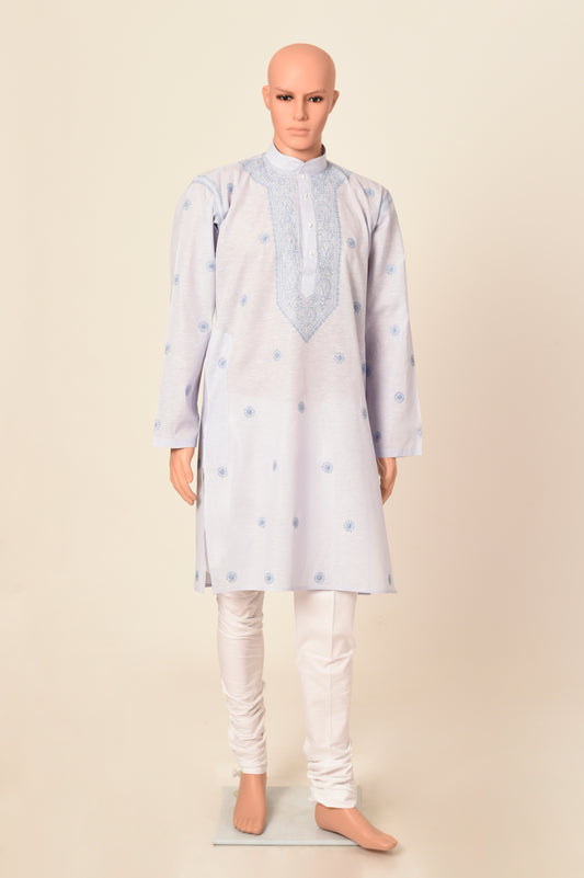 Lucknow Chikan Emporium Hand Chikankari Cotton Blue Colour Gents Kurta