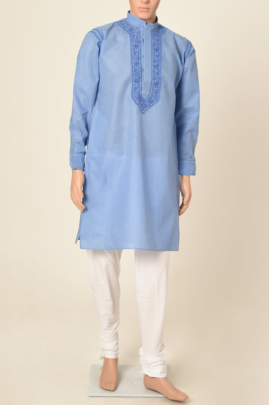 Lucknow Chikan Emporium Hand Chikankari cotton ink blue colour gents kurta