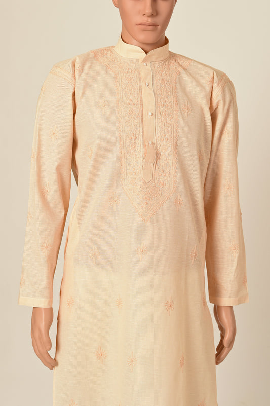 Lucknow Chikan Emporium Hand Chikankari cotton peach colour gents kurta with self stripes