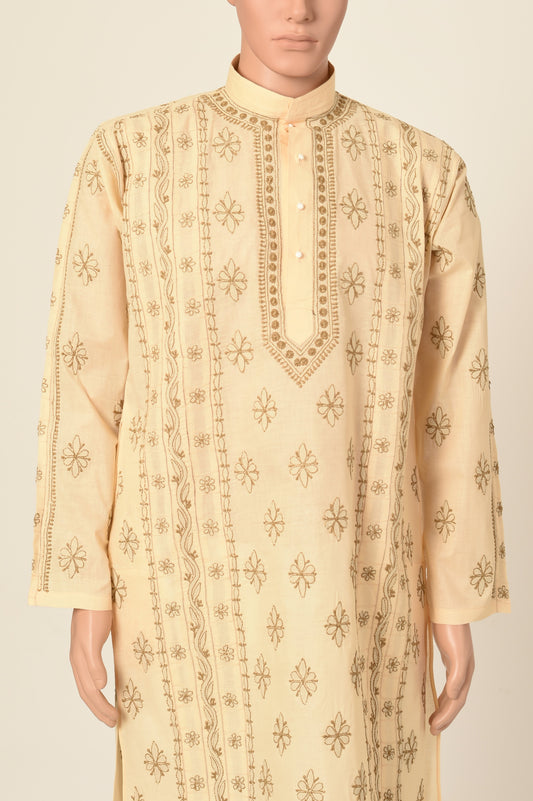 Lucknow Chikan Emporium Hand Chikankari cotton fawn colour gents kurta