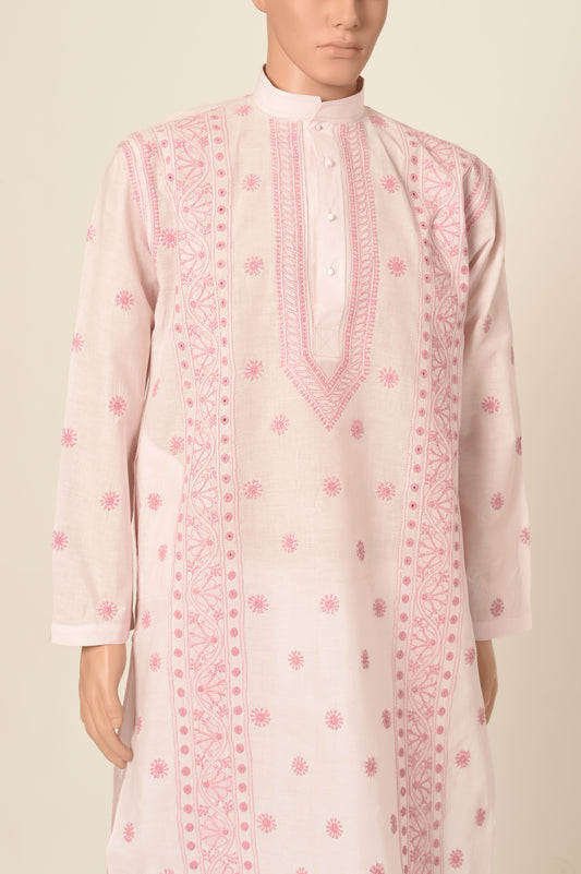 Lucknow Chikan Emporium Hand Chikankari cotton pink colour gents kurta