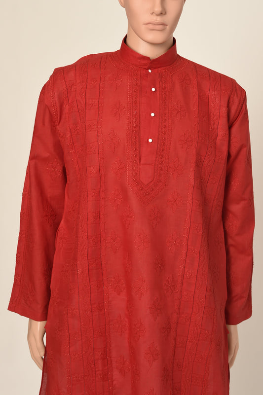 Lucknow Chikan Emporium Hand Chikankari cotton red colour gents kurta