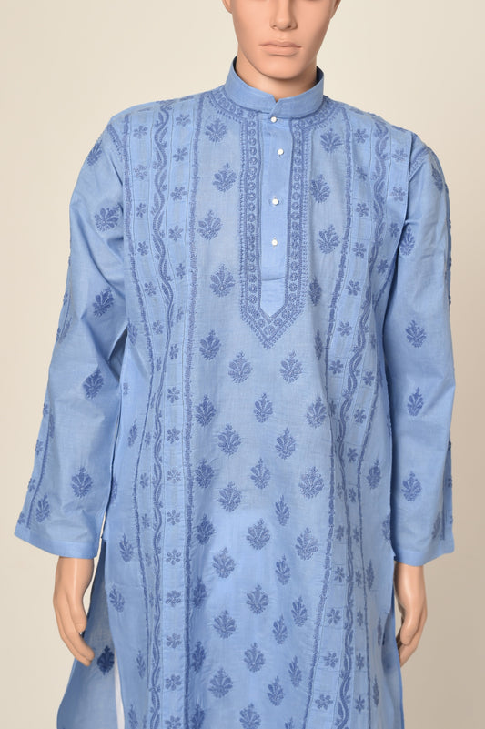 Lucknow Chikan Emporium Hand Chikankari cotton ink blue colour gents kurta