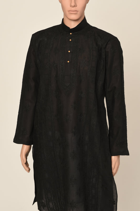 Lucknow Chikan Emporium Hand Chikankari cotton black colour gents kurta