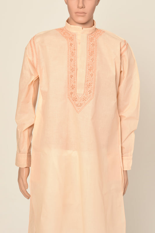 Lucknow Chikan Emporium Hand Chikankari cotton Peach colour gents kurta