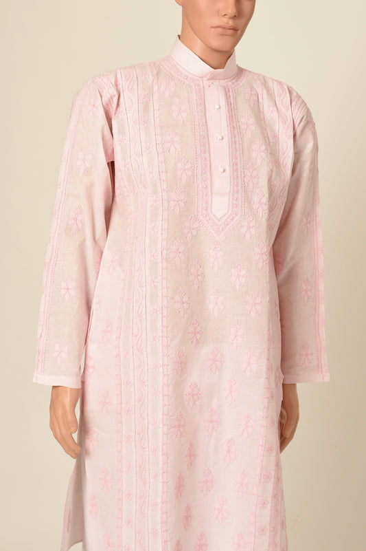 Lucknow Chikan Emporium Hand Chikankari cotton light pink colour gents kurta