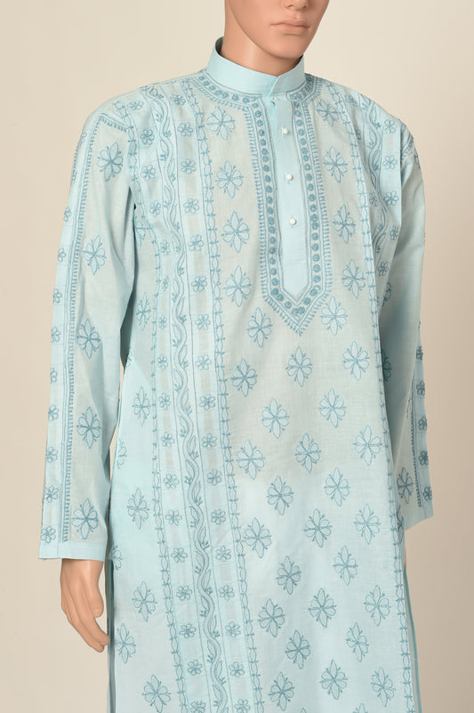 Lucknow Chikan Emporium Hand Chikankari cotton light blue colour gents kurta