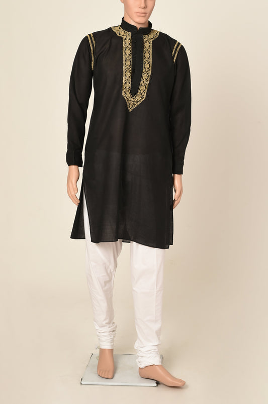 Lucknow Chikan Emporium Hand Chikankari cotton black colour gents kurta