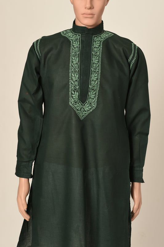 Lucknow Chikan Emporium Hand Chikankari cotton dark green colour gents kurta